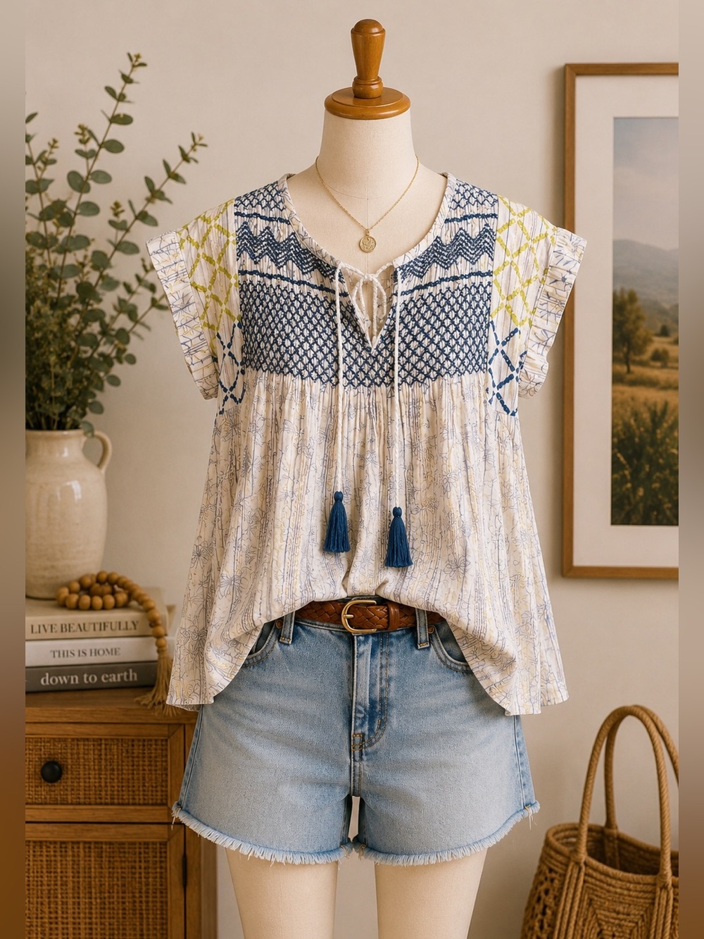 Rachel Roy Embroidered Boho Tunic Top Size S Blue Yellow Floral
